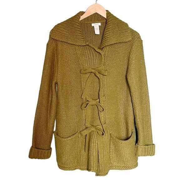 Sundance Wool Blend Cardigan Shaker Stitch Tie Front Moss Green Size MP Medium - Picture 1 of 8